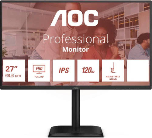 Монитор 27 Монитор 27 AOC 1920x1080, WLED, 16:9, IPS, 300 cd, 1500:1, 20M:1, 4ms, 178°/ 178°, VGA, HDMI, DP, USB hub: USB3.2x4, USB3.2-B, 120Hz, Speak, Tilt, Height, Swivel, Pivot, Internal, VESA, Black, 3y (27E4U)