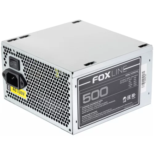 Блок питания 500Вт/ Power Supply Foxline, 500W, ATX, APFC, 120FAN, CPU 8(4+4)pin, MB 24pin, PCI-E 6+2pin, 1*PATA, 3*SATA, 80+ (FL500S-80)