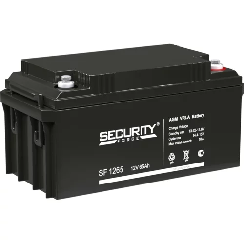 Батарея SECURITY FORCE серия SF, SF 1265, напряжение 12В, емкость 3.3Ач (разряд 20 часов), макс. ток разряда (5 сек.) 50А, макс. ток заряда 18А, свинцово-кислотная типа AGM, клеммы под болт M6, ДxШxВ 350х166х177мм., вес кг., срок службы 8 лет./ Battery S