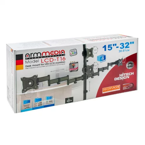 Кронштейн Arm media LCD-T16 настольный для 4-х мониторов LCD 15-32, наклон ±45°, поворот 360°, вращение 360°, VESA 75 x 75 100 x 100, нагрузка 4x10 кг, черный (10163) фото 2