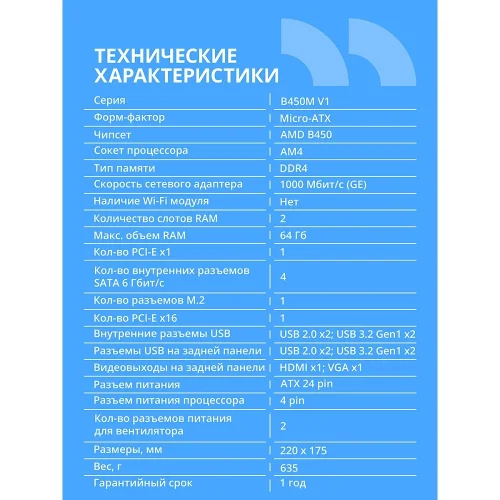 Материнская плата CBR B450M V1 (MB-MSB450-65W-BLK) Материнская плата CBR B450M V1 {Socket AM4, 2*DDR4, mATX, VGA+HDMI, 1*PCIEx16/ 1*PCIEx1/ 1*M.2(NVME & SATA), 4*SATA3, 4*USB2+4*USB3, Glan} (MB-MSB450-65W-BLK) фото 2