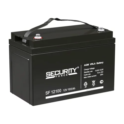 Батарея SECURITY FORCE серия SF, SF 12100, напряжение 12В, емкость 3.3Ач (разряд 20 часов), макс. ток разряда (5 сек.) 50А, макс. ток заряда 26А, свинцово-кислотная типа AGM, клеммы под болт M8, ДxШxВ 330х172х216мм., вес кг., срок службы 8 лет./ Battery