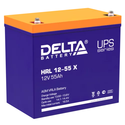 Батарея DELTA серия HRL-X, HRL 12-55 X, напряжение 12В, емкость 55Ач (разряд 10 часов), макс. ток разряда (5 сек.) 550А, макс. ток заряда 16.5А, свинцово-кислотная типа AGM, клеммы под болт М6, ДxШxВ 229х138х208мм., вес 18.2кг., срок службы 12 лет./ Batt