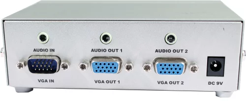 Разветвитель VGA+аудио OSNOVO D-VA102 Разветвитель - 1VGA+1Стерео Аудио вх./2 VGA+2 Стерео Аудио. Расстояние передачи – до 50м; Разрешение: до 1920х1440, 60 Гц; Подключение VGA(15 pin D-sub), Стерео Аудио (3,5мм). БП DC9V/1