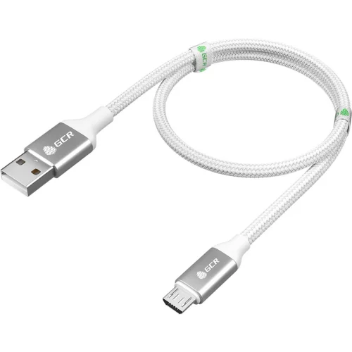 GCR QC Кабель 1.0m MicroUSB, быстрая зарядка, белый нейлон, AL корпус серебро, белый ПВХ, 28/24 AWG, GCR-52468