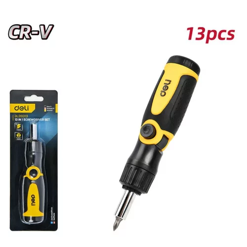 Многофункциональная отвертка с трещоткой 13-в-1 Deli DL260113 длина 165мм, 12 бит CrV, прорезиненная рукоять