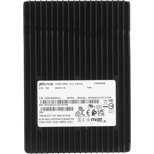 Серверные твердотельные накопители/ Micron SSD 7450 PRO, 15360GB, U.3(2.5 15mm), NVMe, PCIe 4.0 x4, 3D TLC, R/ W 6800/ 5600MB/ s, IOPs 1 000 000/ 250 000, TBW 28000, DWPD 1 (12 мес.) (MTFDKCC15T3TFR-1BC15ABDB)