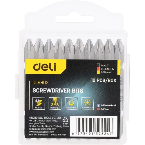 Набор Deli двухсторонних бит 10 шт DL6902 PH2*65мм, сталь S2 с твердостью 58-60HRC, пласт.кейс
