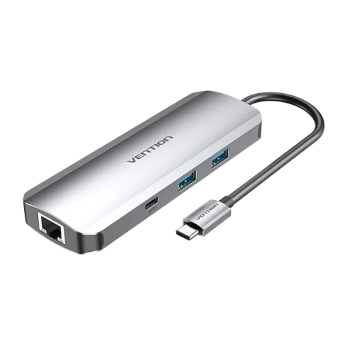 Vention Multi-function USB-C to HDMI/ USB-C Gen 1/ USB3.0x2/ RJ45/ SD/ TF/ TRRS 3.5mm/ PD Docking Station 0.15M Gray Aluminum Alloy Type (TOMHB)