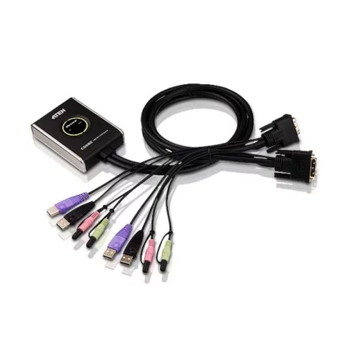 2-портовый KVM-переключатель со встроенными KVM кабелями 2х(1,2м), 1 user DVI-D(Female)+ 2хUSB(Тип А(Female)) +2хАудио(Female) <-> 2 cpu DVI-D(Male)+2хUSB(Тип А(Male))+2хАудио(Male), настольный, некас (CS682)