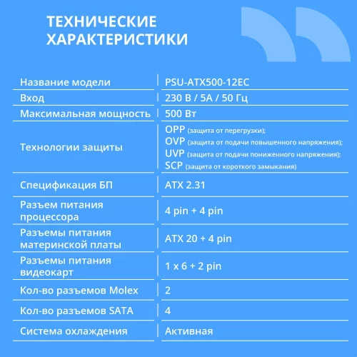 Блок питания CBR ATX 500W, 12cm fan, 24pin/1*4+4pin/1*6+2pin/2*IDE/4*SATA, кабель питания 1.2м, черный [PSU-ATX500-12EC] OEM фото 2