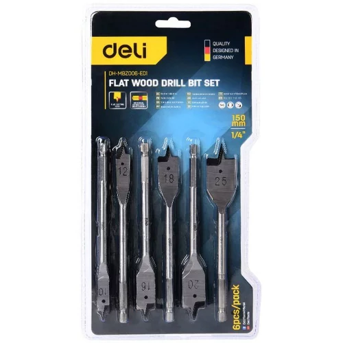 Набор Deli перовых сверл по дереву 6 шт (10/12/16/18/20/25мм) DH-MBZ006-ED1 длина 150мм, 1/4