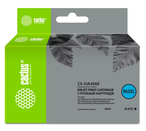 Картридж струйный Cactus CS-3JA30AE 963XL черный пигментный (58мл) для HP OfficeJet Pro 9010/9010e/9012/9014/9015/9016/9019 с чипом