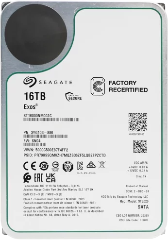 Жесткий диск/ HDD Seagate SATA 16Tb Exos X16 6Gb/ s 7200 512Mb OFFICIAL RECERTIFIED 1 year warranty (ST16000NM002C)