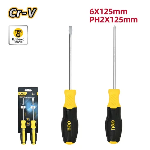 Набор отверток Deli DL630002N 2шт SL6x125 + PH2x125 сталь Cr-V, двухкомпонентная прорезиненная рукоять