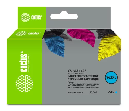 Картридж струйный Cactus CS-3JA27AE 963XL голуб.пигм. (25.8мл) для HP OfficeJet Pro 9010/9010e/9012/9014/9015/9016/9019 с чипом