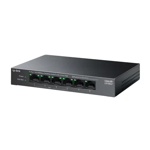 TP-Link LS106LP, Настольный коммутатор с 6 портами 10/100 Мбит/с (4 порта PoE), 802.3af, бюджет PoE — 41 Вт, до 250 метров