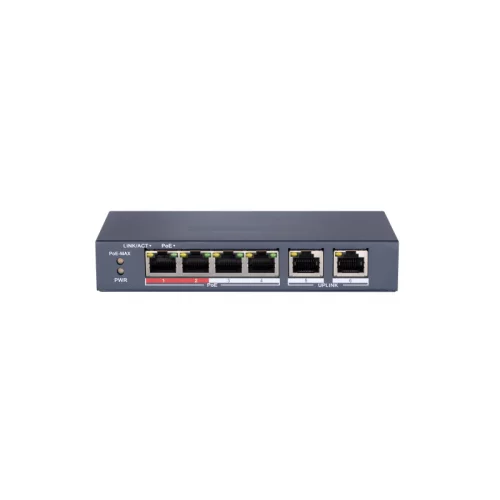 Сетевой неуправляемый коммутатор 4 RJ45 1000M PoE порта; 1 Uplink порт 1000М Ethernet; PoE: IEEE802.3af IEEE802.3at; бюджет PoE 35Вт; поддержка режима передачи до 100? (DS-S504GP)