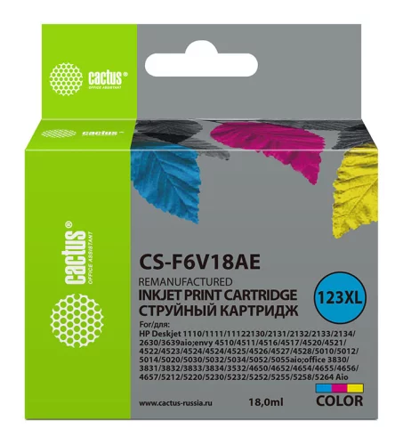 Картридж струйный Cactus CS-F6V18AE 123XL многоцветный (330стр.) (18мл) для HP DeskJet 1110/1111/1112/2130 с чипом