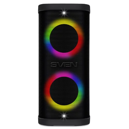 SVEN PS-950 2.0 Мобильные колонки чёрные (2x80 W, IPx4, mini Jack, 2 х 6.35 мм Jack, USB, NFC, Bluetooth, FM, micro SD, ПДУ, 2 x 4400 мA, LED подсветка) (SV-022396) фото 2