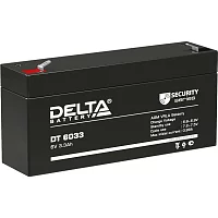 Батарея DELTA серия DT, DT 6033, напряжение 6В, емкость 3.3Ач (разряд 20 часов), макс. ток разряда (5 сек.) 50А, макс. ток заряда 0.99А, свинцово-кислотная типа AGM, клеммы F1, ДxШxВ 134х34х61мм., вес 0.65кг., срок службы 5 лет./ Battery DELTA series DT,