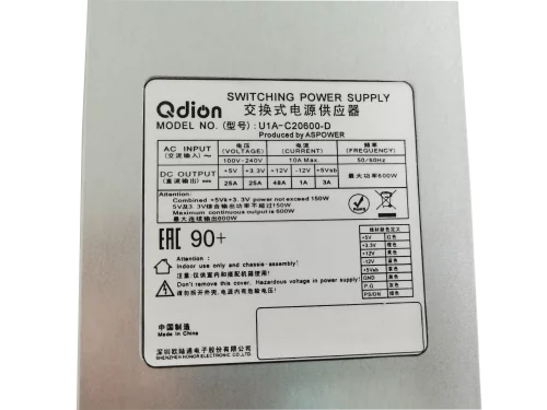 Серверный блок питания/ Server power supply Qdion Model PSR1-0600-C P/ N:7300600PSR0002 1U Single Server Power 600W Efficiency 90+, Cable connector: C14 [U1A-C20600-D/ 99SAC20600I1170112] (7300600PSR0001) фото 2