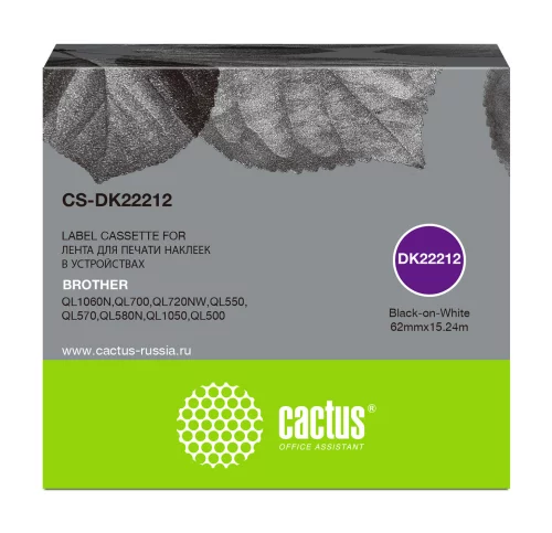 Картридж ленточный Cactus CS-DK22212 DK-22212 черный на белом 62x15.24 для Brother P-touch QL-500, QL-550, QL-700, QL-800