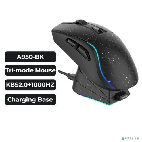 Мышь игровая беспроводная Dareu A950 Black (черный), DPI 400/ 800/ 1600/ 3200/ 6400/ 12000, подключение Tri-mode: проводное+2.4GHz+BT, встроенный аккумулятор 930mAh, зарядная станция, подсветка RGB, размер 123x64x39мм