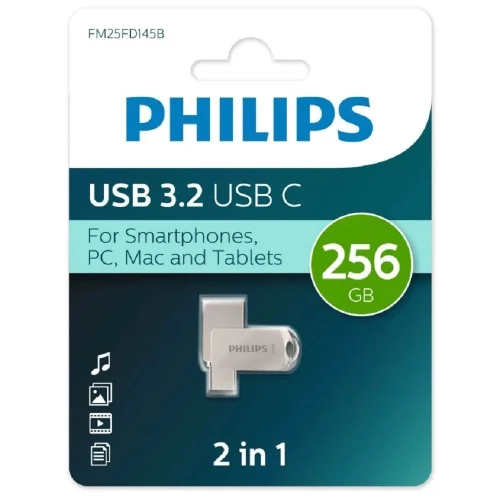 PHILIPS USB Drive 256Gb PHILIPS 2-in-1 USB 3.2 USB C, OTG, USB 3.2/ Type-C, Металл, 100 MB/ s (FM25FD145B/97)
