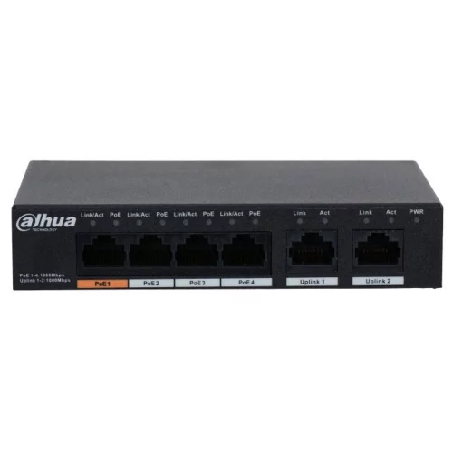 Коммутатор DAHUA DH-PFS3006-4GT-60 6-портовый гигабитный неуправляемый коммутатор с РоЕ, 4xRJ45 1Gb PoE, 2xRJ45 1Gb uplink, суммарно 60Вт, коммутация 14Гбит/с, MAC-таблица 2К, металл (DH-PFS3006-4GT-60) фото 2