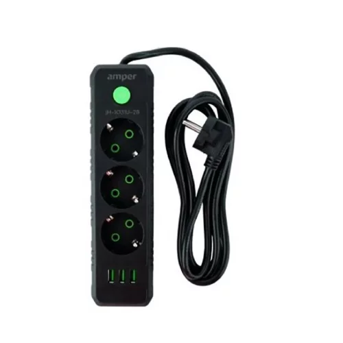 Amper сетевой удлинитель, 2,0м, 3 розетки, 10А, 2500 Вт, 3usb, черный. (JH-1031U-2B)