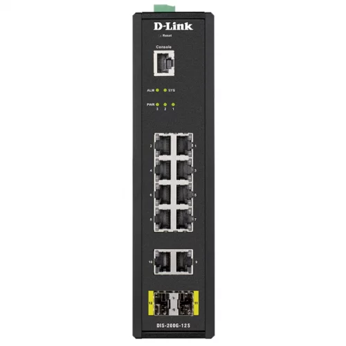 Коммутатор/ DIS-200G-12S Managed L2 Industrial Switch 10x1000Base-T, 2x1000Base-X SFP, Surge 6KV, CLI, RJ45 Console, Alarm relay, Dying Gasp, DIN-Rail, metal case IP30, -40 to 65°C, w/o power adapter (DIS-200G-12S/A1A) фото 2