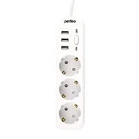 Perfeo сетевой фильтр "POWER STREAM", 2500W, двойная защита, 4м, 3 розетки, 3 USB, белый. (PF_C3908)