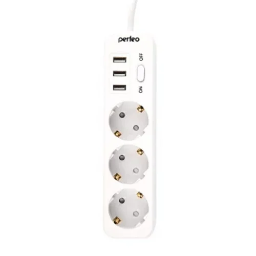 Perfeo сетевой фильтр POWER STREAM, 2500W, двойная защита, 4м, 3 розетки, 3 USB, белый. (PF_C3908)