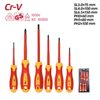 Набор отверток диэлектрических DL510006T (SL3x75, SL4x100, SL6,5*150, PH0x60, PH1x80, PH2x100), сталь Cr-V, сертификат VDE для работ под напряжением до 1000 В