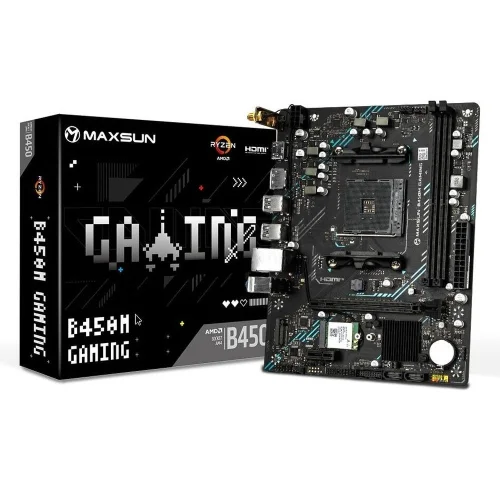 Материнская плата Maxsun MS-B450M GAMING WIFI B450, AM4, 2*DDR4, 1*PCIEx16, 1*PCIEx1, 1*M.2, 6*USB3.2 Gen1, 4*USB2.0, 2*SATA3.0, 1G, DP, HDMI, M-ATX, RTL (6940709663509)
