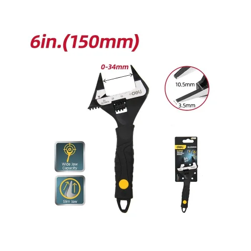 Ключ разводной с ультратонкими губками и увеличенным зевом Deli DL120606 150мм, диапазон захвата 0-34мм