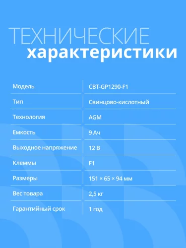CBR Аккумуляторная VRLA батарея CBT-GP1290-F1 (12В 9Ач), клеммы F1 фото 2