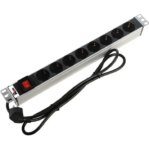 Блок розеток Rem-16 с выкл., 8 Schuko, 16 A, алюм., 19, шнур 1,8 м (R-16-8S-V-440-1.8)