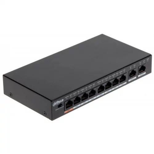 Коммутатор Dahua (DH-PFS3010-8ET-96) Коммутатор DAHUA DH-PFS3010-8ET-96 10-портовый неуправляемый коммутатор с РоЕ, 8xRJ45 100Mb PoE, 2xRJ45 1Gb uplink, суммарно 96Вт, коммутация 5.6 Гбит/с, MAC-таблица 8К, металл (DH-PFS3010-8ET-96)