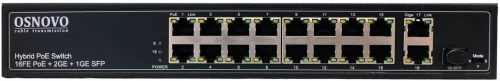 PoE Коммутатор OSNOVO SW-61621(300W) PoE коммутатор Fast Ethernet на 16 x RJ45 PoE + 2 x RJ45 GE + 1 SFP GE порта. Порты: 2 x FE (10/100Base-T) с PoE (до 60W, A+B) + 14x FE (10/100Base-T) с PoE (до 30W) , 2 x GE Upl