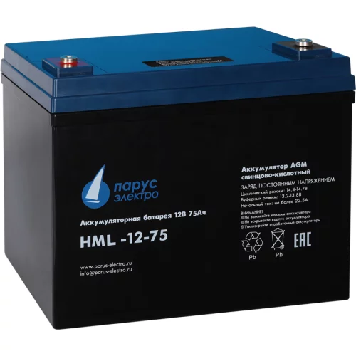 Battery Parus Electro, professional series HML-12-75, voltage 12V, capacity 75Ah (discharge 10 hours), max. discharge current (5sec) 700A, max. charge current 22.5A, lead-acid type AGM, terminals for M6 bolt, LxWxH 258x166x206mm., total height with termin