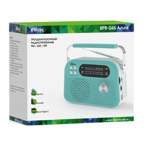 RITMIX RPR-045 AZURE {Радиоприёмник портатив. 3хдиапазонный FM/AM/SW, Bluetooth v.5.3, воспрс USB и с карт памяти micro SD (до 32Gb)} фото 3