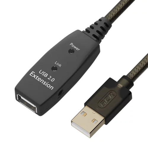 GCR Удлинитель активный 7.5m USB 2.0, AM/ AF, GOLD, черно-прозрачный, с усилителем сигнала, разъём для доп.питания, 28/ 24 AWG, GCR-53805