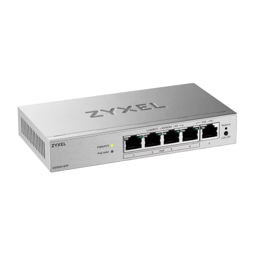Коммутатор Web Smart L2 коммутатор Zyxel GS1200-5HPv3, 5xGE (4xPoE+), бюджет PoE 68 Вт, настольный, бесшумный (GS1200-5HPV3-EU0101F)