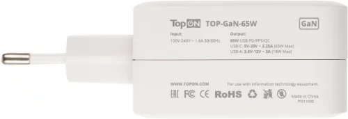 Блок питания TopON TOP-GaN-65W автоматический 65W 5V-20V 3.25A 2xUSB от бытовой электросети LED индикатор (103204) фото 6