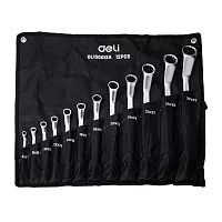 Набор накидных изогнутых гаечных ключей 12 шт Deli DL150012A (размеры 6x7, 8x9, 10x11, 12x13, 14x15, 16x17, 18x19, 20x22, 21х23, 24х27, 25х28, 30х32, матовая хромированная поверхность, чехол из ткани Оксфорд)