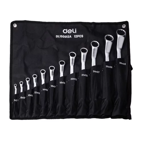 Набор накидных изогнутых гаечных ключей 12 шт Deli DL150012A (размеры 6x7, 8x9, 10x11, 12x13, 14x15, 16x17, 18x19, 20x22, 21х23, 24х27, 25х28, 30х32, матовая хромированная поверхность, чехол из ткани Оксфорд)