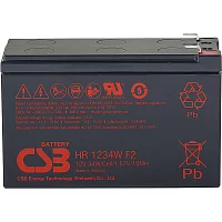 Батарея CSB серия HR, HR1234W F2, напряжение 12В, емкость 8.5Ач (разряд 20 часов), 34 Вт/Эл при 15-мин. разряде до U кон. - 1.67 В/Эл при 25 °С, макс. ток разряда (5 сек.) 130А, ток короткого замыкания 349А, макс. ток заряда 3.4A, свинцово-кислотная типа