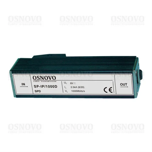 Устройство грозозащиты OSNOVO SP-IP/1000D Устройство грозозащиты для локальной вычислительной сети (скорость до 1000 Мб/с). Двухступенчатая защита. Максимальное длительное рабочее напряжение (Uс) DC6V. Номинальный ток разря